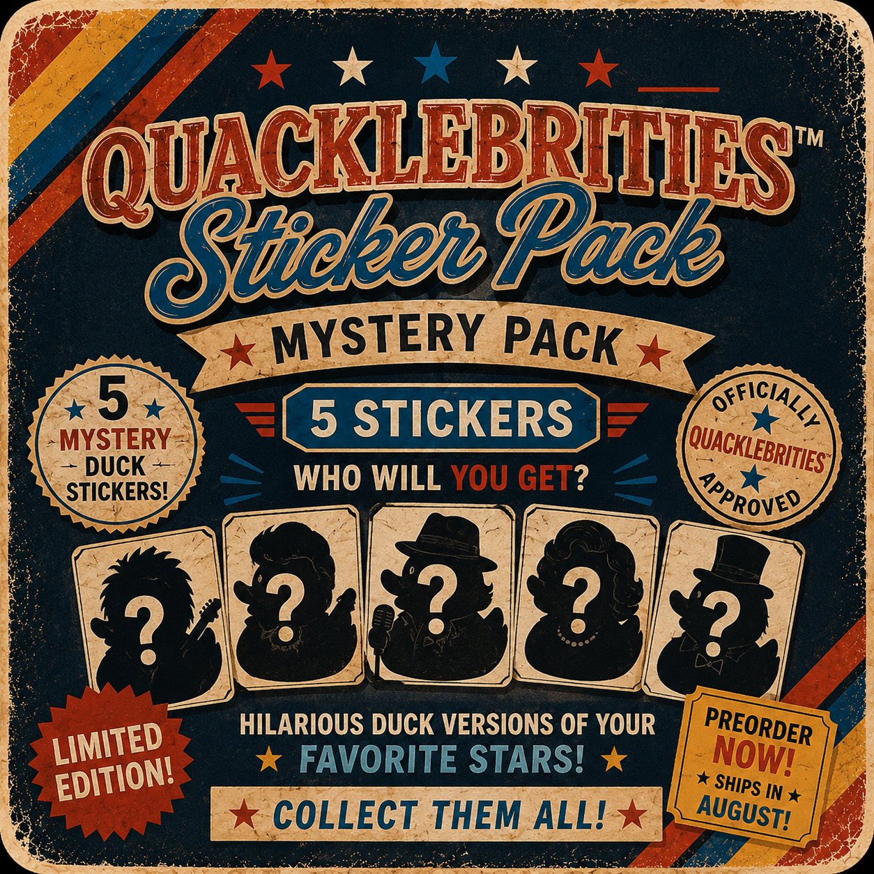 🎬 Quacklebrities™ Mystery Sticker Pack – 5 Limited Edition Vinyl Duck Stickers