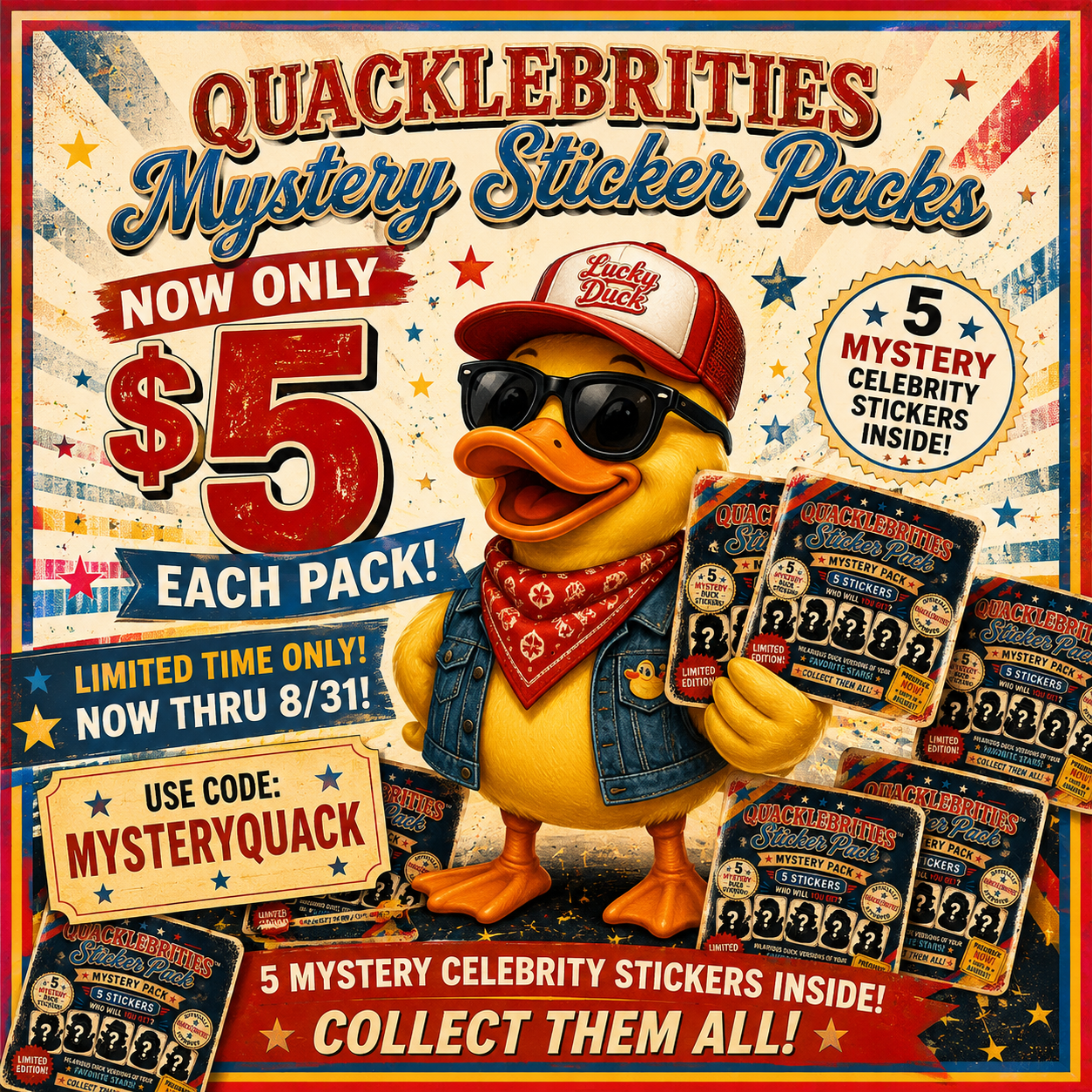 🎬 Quacklebrities™ Mystery Sticker Pack – 5 Limited Edition Vinyl Duck Stickers